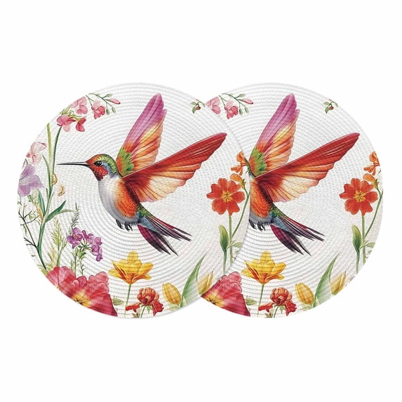 Spring Floral Round 13 Inch Placemats Set of 2, Summer Botanical Birds Flowers Pastoral HeatResistant Non Slip Place Mats for Dining Table, Wipeable Braided Kitchen Table Mats for Housewarming
