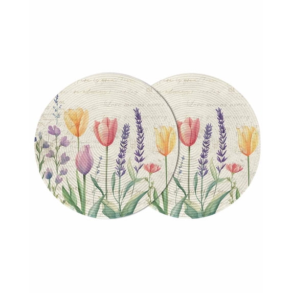 Spring Floral Round 13 Inch Placemats Set of 2, Summer Colorful Tulip Botanical Vintage HeatResistant Non Slip Place Mats for Dining Table, Wipeable Braided Kitchen Table Mats for Housewarming