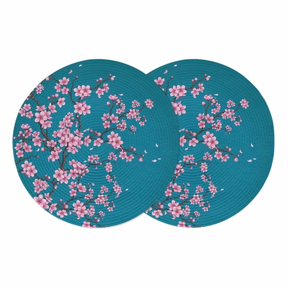 Spring Floral Round 13 Inch Placemats Set of 2, Watercolor Pink Cherry Blossom Branches Blue HeatResistant Non Slip Place Mats for Dining Table, Wipeable Braided Kitchen Table Mats for Housewarming