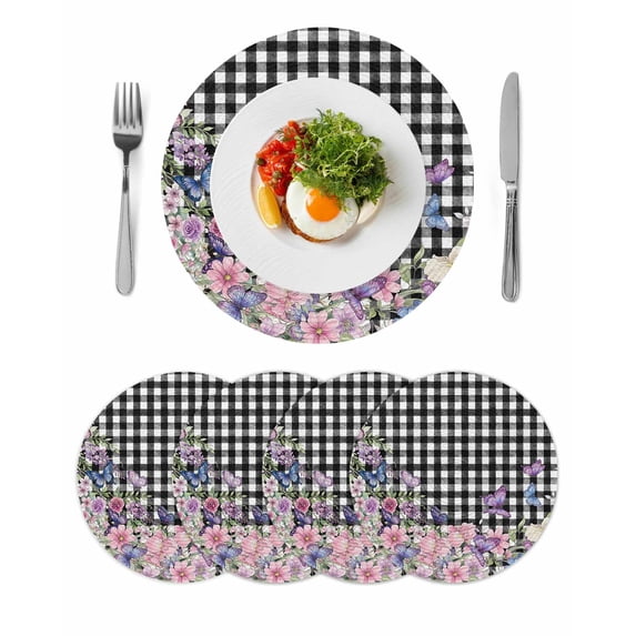 Spring Floral Round 13 Inch Placemats Set of 4, Black White Checkered Farmhouse Butterfly HeatResistant Non Slip Place Mats for Dining Table, Wipeable Braided Kitchen Table Mats for Housewarming
