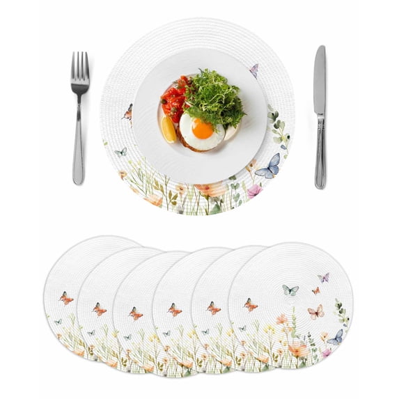 Spring Floral Round 13 Inch Placemats Set of 6, Butterfly Summer Botanical Watercolor HeatResistant Non Slip Place Mats for Dining Table, Wipeable Braided Kitchen Table Mats for Housewarming