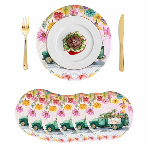 Spring Floral Round 13 Inch Placemats Set of 6, Farmhosue Truck Oil Painting Flowers Pink Ombre HeatResistant Non Slip Place Mats for Dining Table, Wipeable Kitchen Table Mats for Housewarming