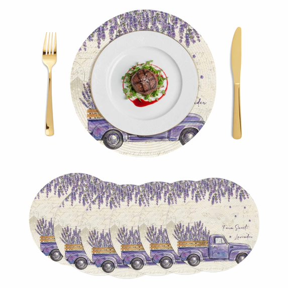 Spring Floral Round 13 Inch Placemats Set of 6, Purple Lavender Truck Flowers Botanical Beige HeatResistant Non Slip Place Mats for Dining Table, Wipeable Braided Kitchen Table Mats for Housewarming