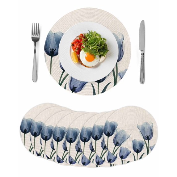 Spring Floral Round 13 Inch Placemats Set of 8, Blue Tulip Summer Botanical Rustic HeatResistant Non Slip Place Mats for Dining Table, Wipeable Braided Kitchen Table Mats for Housewarming
