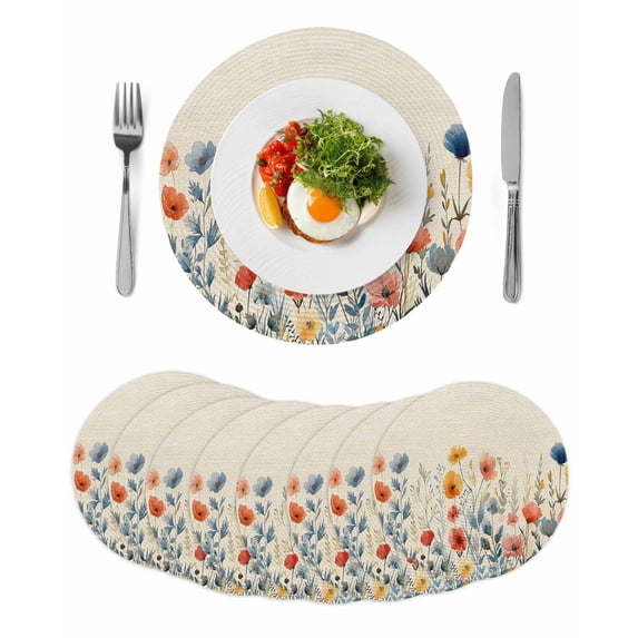 Spring Floral Round 13 Inch Placemats Set of 8, Watercolor Elegant Summer Botanical Rustic HeatResistant Non Slip Place Mats for Dining Table, Wipeable Braided Kitchen Table Mats for Housewarming