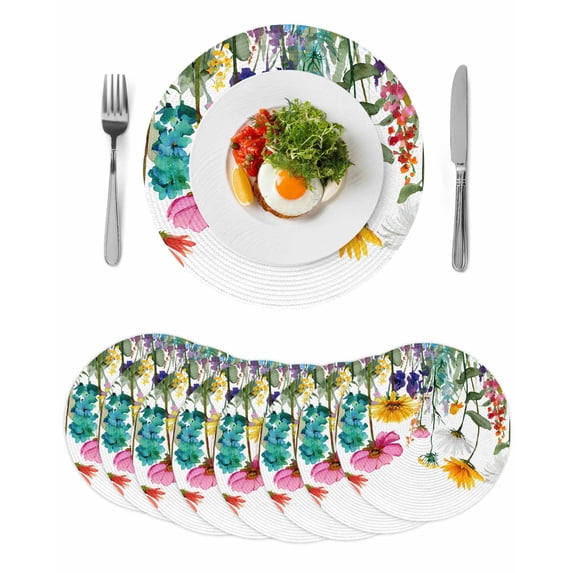 Spring Floral Round 13 Inch Placemats Set of 8, Yellow Pink Flowers Farmhouse Botanical HeatResistant Non Slip Place Mats for Dining Table, Wipeable Braided Kitchen Table Mats for Housewarming
