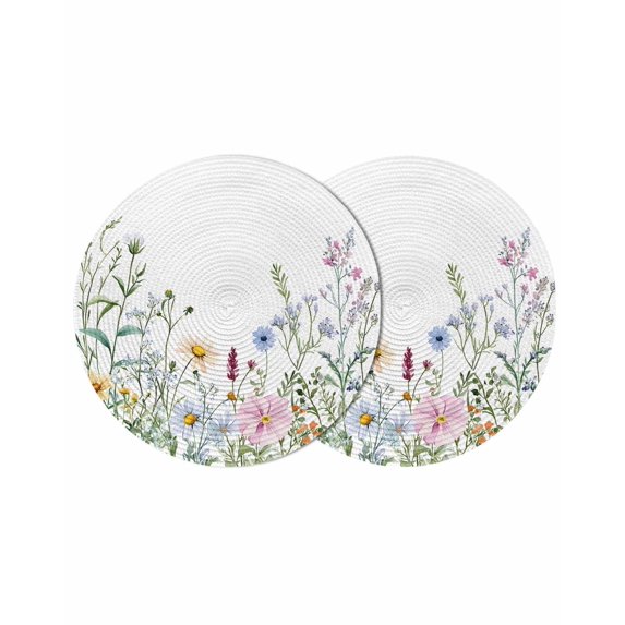 Spring Floral Round 15 Inch Placemats Set of 2, Wildflowers Herbs Summer Botanical HeatResistant Non Slip Place Mats for Dining Table, Wipeable Braided Kitchen Table Mats for Housewarming