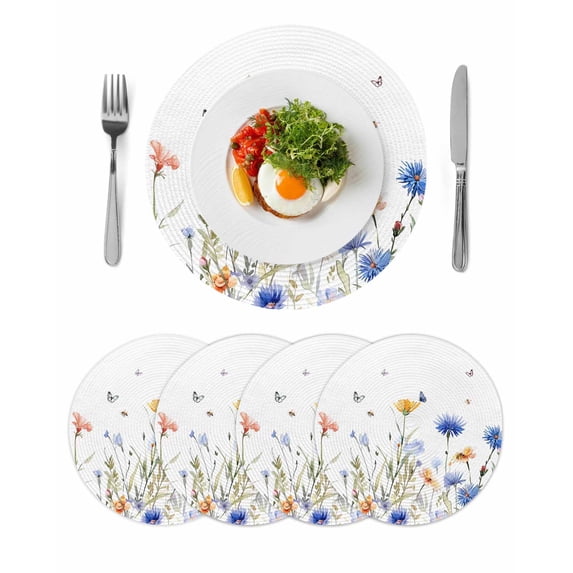 Spring Floral Round 15 Inch Placemats Set of 4, Elegant Butterfly Summer Botanical HeatResistant Non Slip Place Mats for Dining Table, Wipeable Braided Kitchen Table Mats for Housewarming