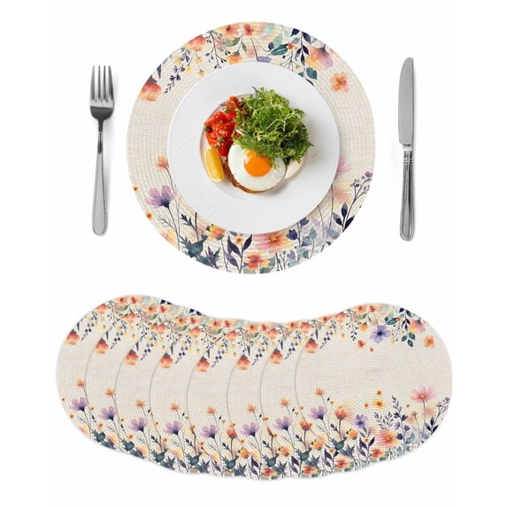 Spring Floral Round 15 Inch Placemats Set of 8, Elegant Flowers Farmhouse Botanical Rustic HeatResistant Non Slip Place Mats for Dining Table, Wipeable Braided Kitchen Table Mats for Housewarming