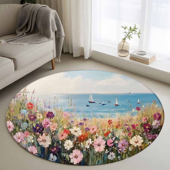 Spring Floral Round Area Rug 3.3 FT, Non Slip Small Entryway Kitchen Mat, Oil Painting Art Landscape Beach Washable Soft Circular Rug Non-Shedding Door Mat for Bathroom Playroom Kids Room