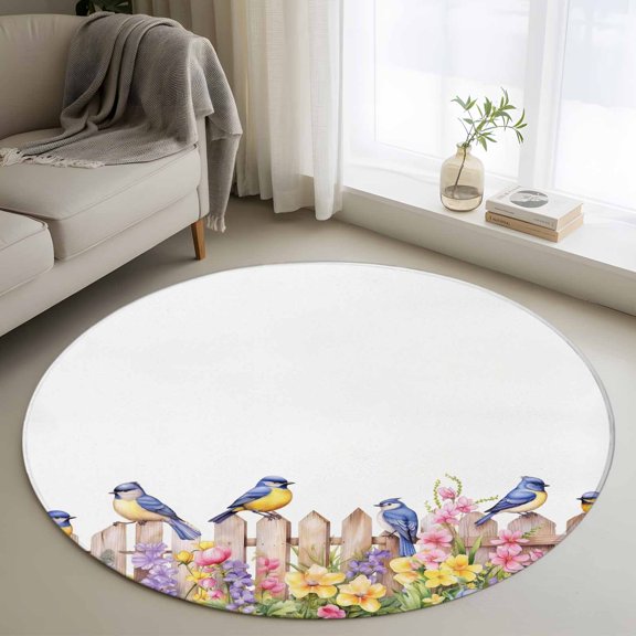 Spring Floral Round Area Rug 3.3 FT, Non Slip Small Entryway Kitchen Mat, Summer Birds Botanical Fence Washable Soft Circular Rug Non-Shedding Door Mat for Bathroom Playroom Kids Room