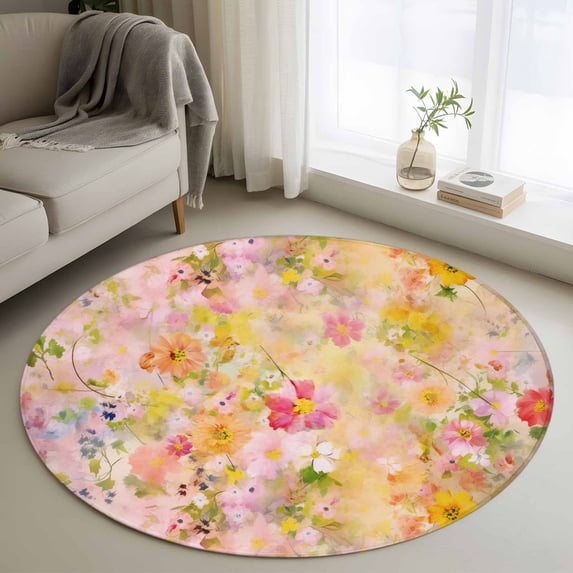 Spring Floral Round Area Rug 3.3 FT, Non Slip Small Entryway Kitchen Mat, Watercolor Elegant Summer Flowers Botanical Washable Soft Circular Rug Non-Shedding Door Mat for Bathroom Playroom Kids Room