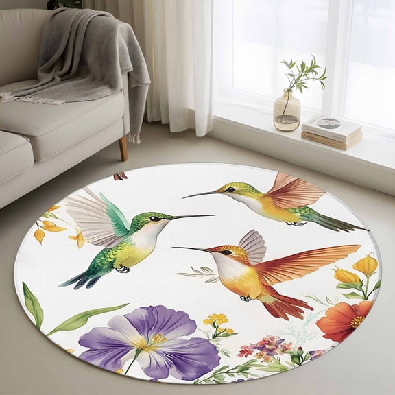 Spring Floral Round Area Rug 3 FT, Small Kitchen Bathroom Mats, Birds Summer Botanical Flowers Pastoral Washable Indoor Outdoor Throw Runner Carpet Non-Shedding Doormat for Table Shower Sofa Entryway
