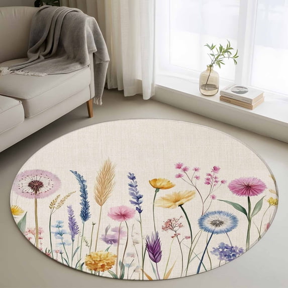 Spring Floral Round Area Rug 3 FT, Small Kitchen Bathroom Mats, Summer Botanical Wild Flower Rustic Washable Indoor Outdoor Throw Runner Carpet Non-Shedding Doormat for Table Shower Sofa Entryway