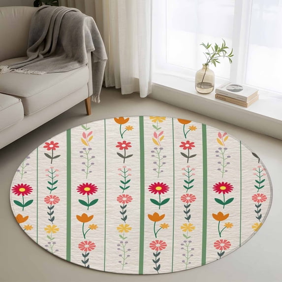 Spring Floral Round Area Rug 3Ft Washable Small Circle Rugs for Kitchen Entryway, Colorful Summer Flowers Vintage Botanical Non-Slip Carpet Floor Mats Indoor Outdoor Carpet Runner Home Decor