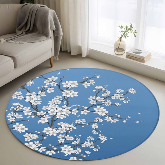 Spring Floral Round Area Rug 3Ft Washable Small Circle Rugs for Kitchen Entryway, White Cherry Blossom Fowers Sky Blue Non-Slip Carpet Floor Mats Indoor Outdoor Carpet Runner Aesthetic Home Decor