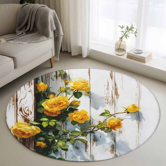 Spring Floral Round Area Rug 3Ft Washable Small Circle Rugs for Kitchen Entryway, Yellow Roses Flowers Leaves Farmhouse Wooden Non-Slip Carpet Floor Mats Indoor Outdoor Carpet Runner Home Decor