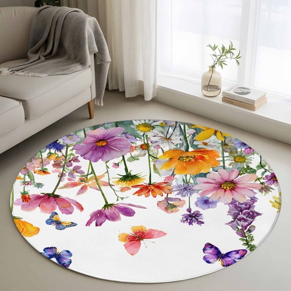 Spring Floral Round Area Rug 4ft, Farmhouse Flowers Butterfly Watercolor Washable Non-Slip Circle Rugs for Bedroom Living Room Kitchen, Soft Non Shedding Circle Carpet for Dining Room Dorm