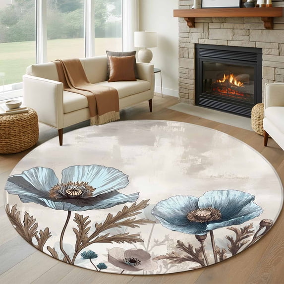 Spring Floral Round Area Rug 5 FT, Non Slip Bedroom Rugs, Teal Tulip Farmhouse Retro Botanical Herb Washable Soft Circular Carpet Non-Shedding Floor Mat for Kitchen Dining Room Foyer Balcony Dorm