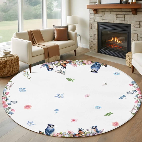 Spring Floral Round Area Rug 5Ft Washable Circle Rugs for Living Room Bedroom, Watercolor Flower Butterflies Birds Plant Non-Slip Carpet Floor Mats Indoor Outdoor Carpet Runner Aesthetic Home Decor