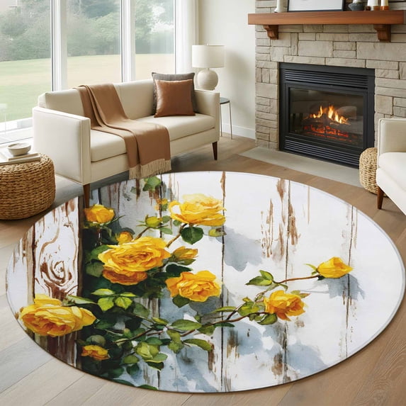 Spring Floral Round Area Rug 5Ft Washable Circle Rugs for Living Room Bedroom, Yellow Roses Flowers Leaves Farmhouse Wooden Non-Slip Carpet Floor Mats Indoor Outdoor Carpet Runner Home Decor