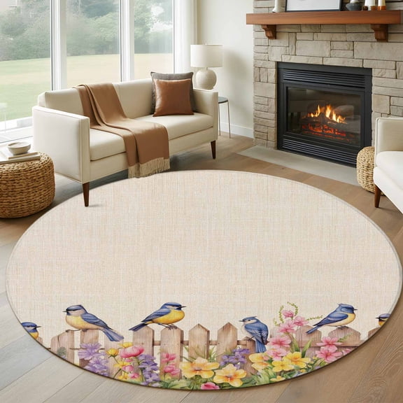 Spring Floral Round Area Rug 6 FT, Non Slip Bedroom Area Rug, Summer Birds Botanical Fence Rustic Washable Soft Circular Carpet Non-Shedding Floor Mat for Kitchen Dining Room Home Office Kids Room