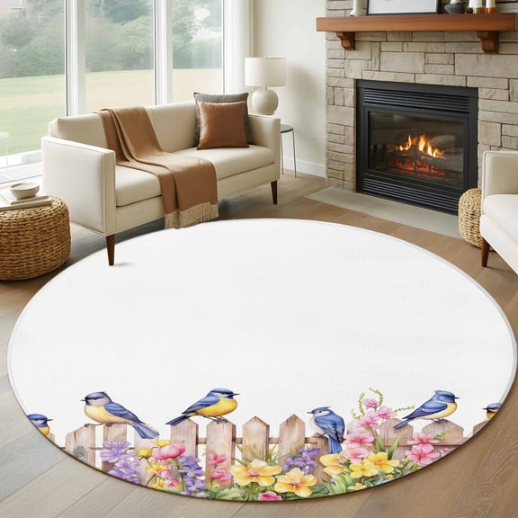 Spring Floral Round Area Rug 6 FT, Non Slip Bedroom Area Rug, Summer Birds Botanical Fence Washable Soft Circular Carpet Non-Shedding Floor Mat for Kitchen Dining Room Home Office Kids Room