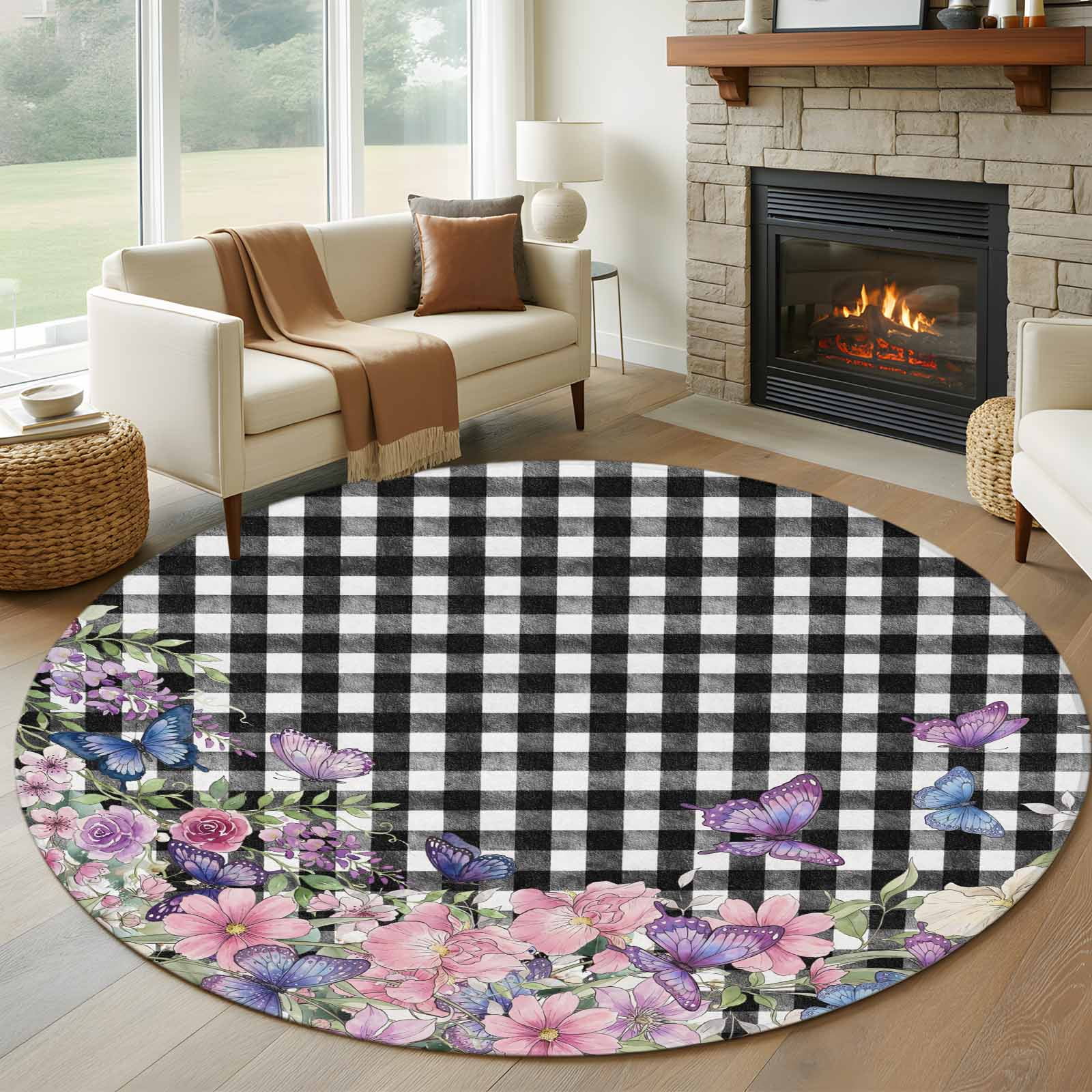 Spring Floral Round Area Rug 6Ft Washable Circle Rugs for Bathroom Office, Black White Checkered Farmhouse Butterfly Non-Slip Carpet Floor Mats Indoor Outdoor Carpet Runner Aesthetic Home Decor