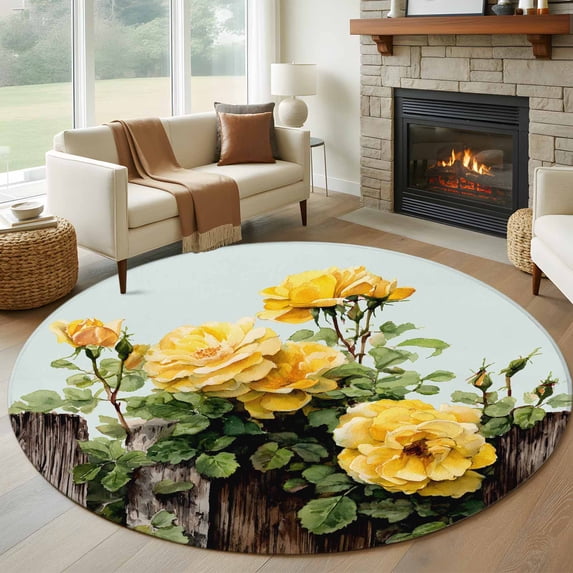 Spring Floral Round Area Rug 6Ft Washable Circle Rugs for Bathroom Office, Yellow Roses Leaves Pastoral Botanical Farmhouse Non-Slip Carpet Floor Mats Indoor Outdoor Carpet Runner Home Decor
