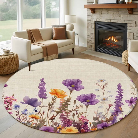 Spring Floral Round Area Rug 7 FT, Non Slip Living Room Area Carpet, Farmhouse Pastoral Summer Botanical Washable Soft Circular Rug Non-Shedding Floor Carpet for Bedside Office Play Room Classroom