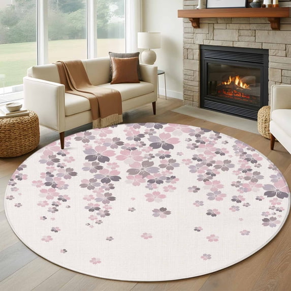 Spring Floral Round Area Rug 8Ft Washable Large Circle Rugs for Living Room Dorm, Pink Gray Cherry Blossom Flowers Beige Non-Slip Carpet Floor Mats Indoor Outdoor Carpet Runner Aesthetic Home Decor
