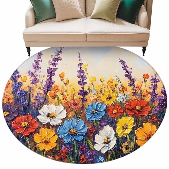 Spring Floral Round Area&nbsp;Rug 5ft Vintage Lavender Oil Painting Flower Non-Slip&nbsp;Washable Circle Rugs Soft Felt Indoor Floor Mat for Bedroom Kitchen Living Room Bathroom