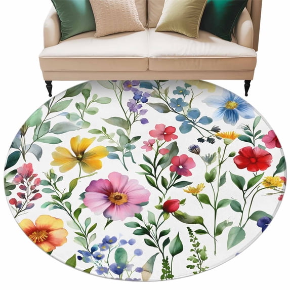 Spring Floral Round Area Rug 6ft Gradient Pink Blue Yellow Flowers Romantic Farmhouse Non-Slip Washable Circle Rugs Soft Felt Indoor Floor Mat for Bedroom Kitchen Living Room Bathroom