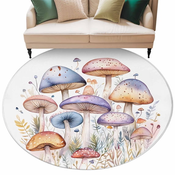 Spring Floral Round Area&nbsp;Rug 6ft Watercolor Purple Orange Pink Mushroom Farmhouse Non-Slip&nbsp;Washable Circle Rugs Soft Felt Indoor Floor Mat for Bedroom Kitchen Living Room Bathroom