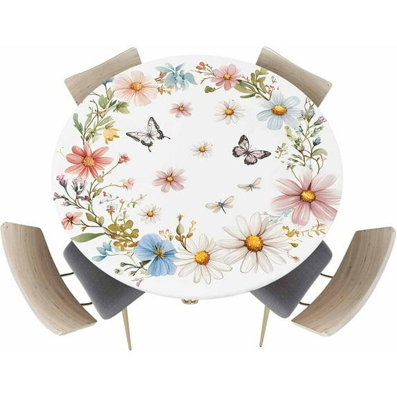 Spring Floral Round Fitted Tablecloth, Butterfly Wildflowers Blue Pink Flower Botanical Waterproof Table Cloth Table Cover with Elastic Edged for Outdoor Picnic Parties, Fits Tables up to 36" - 44"