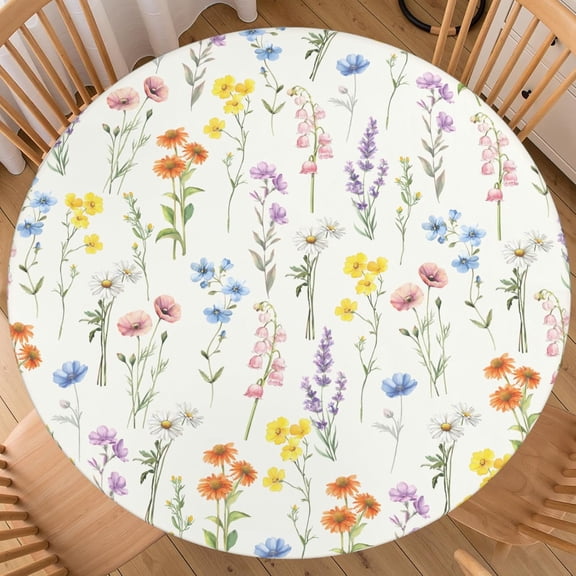 Spring Floral Round Fitted Tablecloth with Elastic Edge 40-44 Inch Colorful Flowers Table Cover Washable Summer Holiday Table Cloth for Kitchen Dining Party Picnic