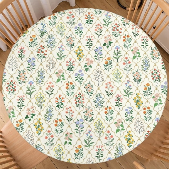Spring Floral Round Fitted Tablecloth with Elastic Edge 40-44 Inch Wildflower Washable Table Cover Beige Vintage Rustic Farmhouse Table Cloth for Kitchen Dinner Party