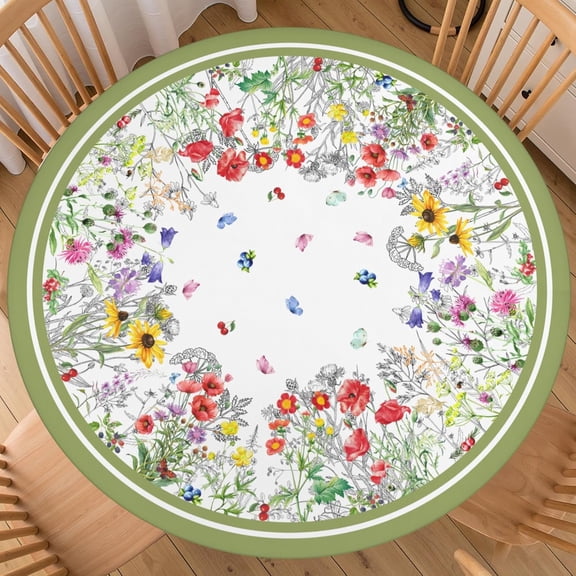 Spring Floral Round Fitted Tablecloth with Elastic Edge Green Wild Flower Butterfly Outdoor Table Cover for 36"-40" Rustic Stretch Table Cloth for Dining Room Party Picnic