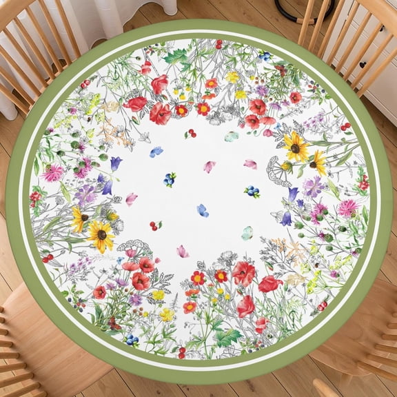 Spring Floral Round Fitted Tablecloth with Elastic Edge Green Wild Flower Butterfly Outdoor Table Cover for 48"-52" Rustic Stretch Table Cloth for Dining Room Party Picnic