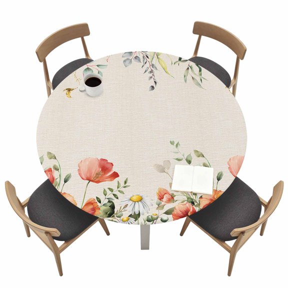 Spring Floral Round Fitted Tablecloth Red Poppy Flowers Eucalyptus Summer Plant Linen Waterproof Elastic Stretch Table Cover for 55"-60" Round Table, Oil Proof Tablecloth for Picnic Party Dinner