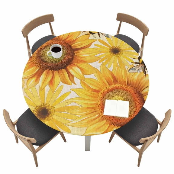 Spring Floral Round Fitted Tablecloth Watercolor Country Yellow Daisy Sunflower Floral Bee Linen Texture Waterproof Elastic Stretch Table Cover for 55"-60" Round Table, Tablecloth for Picnic Dinner