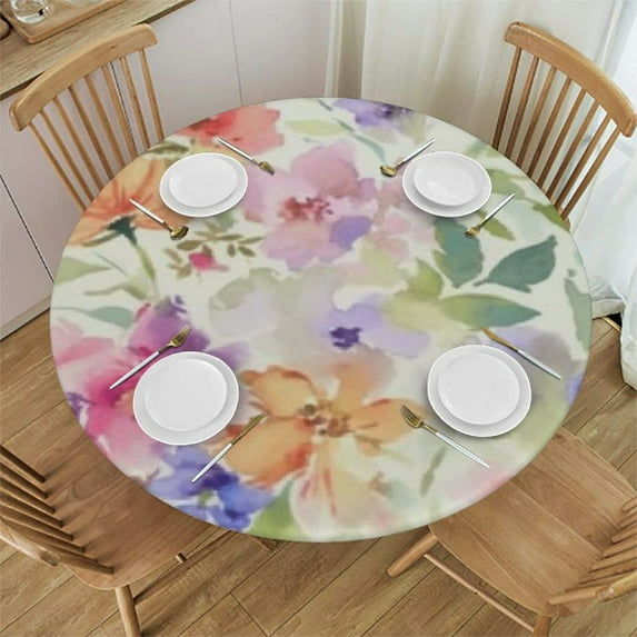 Spring Floral Round Fitted Tablecloth with Elastic Edge Floral Round Tablecloth Reusable Watercolor Flower Round Table Cover