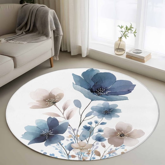 Spring Floral Round Living Room Rugs 3.3 ft, Watercolor Gradient Color Flowers Romantic Washable Area Rug with Non-Slip Sturdy Edge Binding Round Front Door Mat Floor Carpet for Entryway