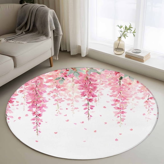 Spring Floral Round Living Room Rugs 4 ft, Watercolor Pink Flowers Modern Rustic Farmhouse Washable Area Rug with Non-Slip Sturdy Edge Binding Round Carpet for Entryway Kitchen Bedroom Bathroom