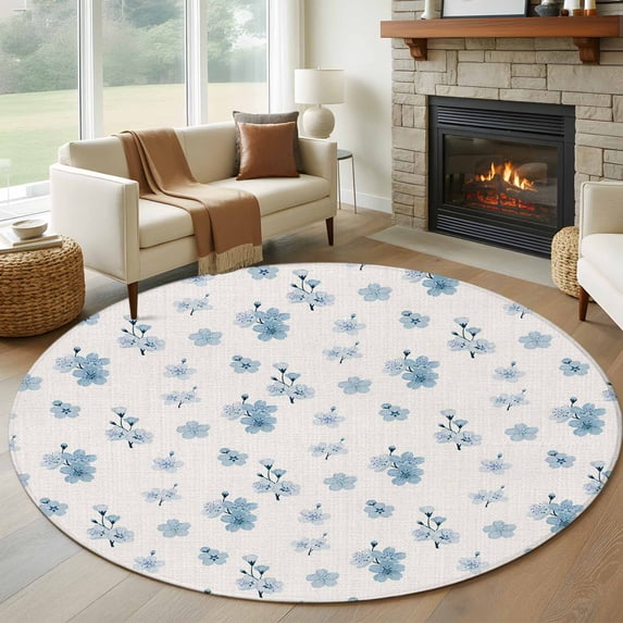 Spring Floral Round Living Room Rugs 6 ft, Watercolor Blue Flowers Modern Farmhouse Washable Area Rug with Non-Slip Sturdy Edge Binding Round Carpet for Kitchen Office Bedroom