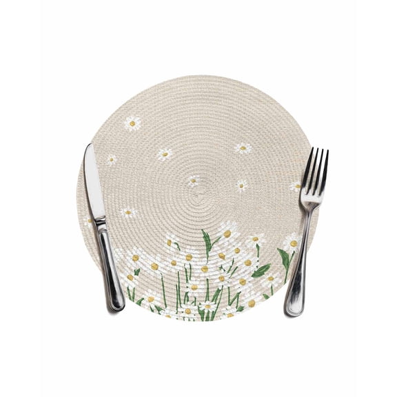 Spring Floral Round Placemats for Dinning Tables,Heat-proof Braided Table Mats 13 Inch,White Daisy Farmhouse Linen Texture Washable Place Mat for Kitchen Restaurant Party Decor Supplies Table Setting