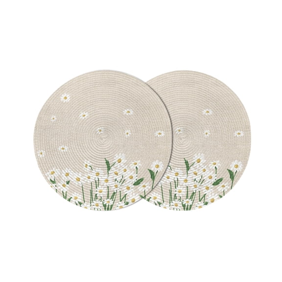 Spring Floral Round Placemats Set of 2 for Dinning Tables,Heat-proof Braided Table Mats 13 Inch,White Daisy Farmhouse Linen Texture Washable Place Mat for Kitchen Restaurant Party Decor Table Setting