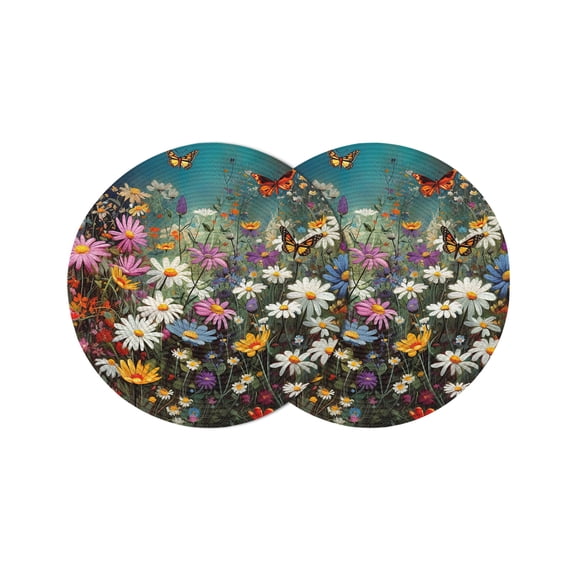 Spring Floral Round Placemats Set of 2 for Dinning Tables,Heat-proof Braided Table Mats 15 Inch,Colorful Daisy Summer Botanical Butterfly Washable Place Mat for Kitchen Restaurant Party Table Decor