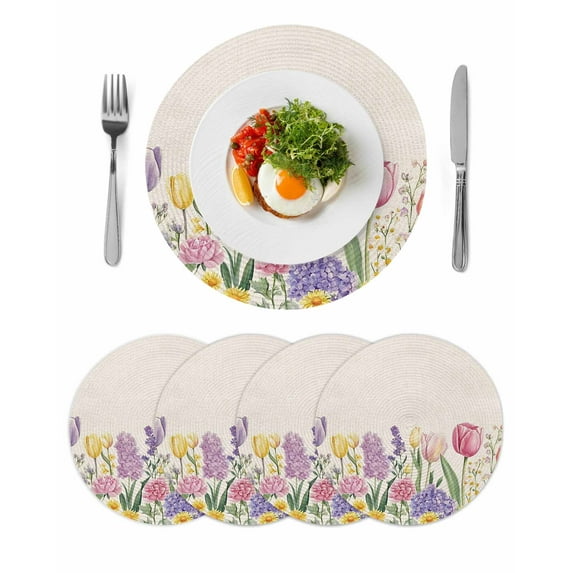Spring Floral Round Placemats Set of 4 for Dinning Tables,Heat-proof Braided Table Mats 13 Inch,Pink Tulip Summer Botanical Rustic Washable Place Mat for Kitchen Restaurant Party Decor Table Setting