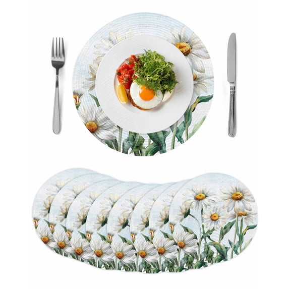 Spring Floral Round Placemats Set of 8 for Dinning Tables,Heat-proof Braided Table Mats 13 Inch,Watercolor Summer Botanical White Daisy Washable Place Mat for Kitchen Restaurant Party Table Decor